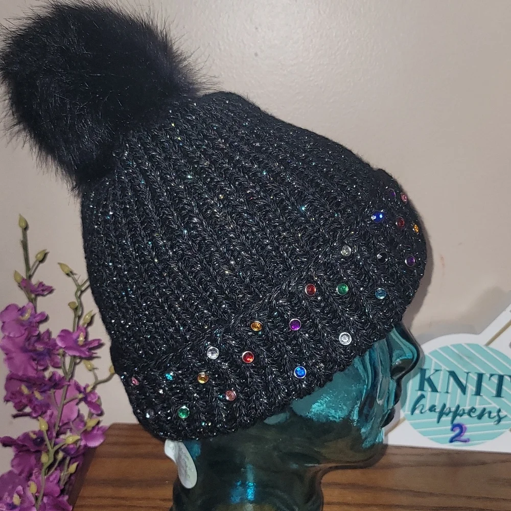 New handmade lurex yarn rhinestones pompom beanie - Picture 3 of 5